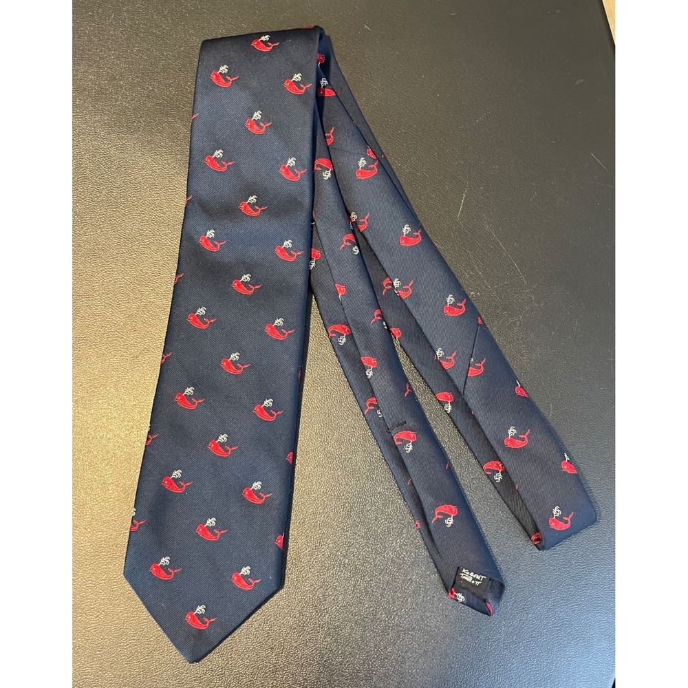Robert Talbott Mens Necktie Navy Blue Red Whale Silk Blend Hand Sewn Novelty